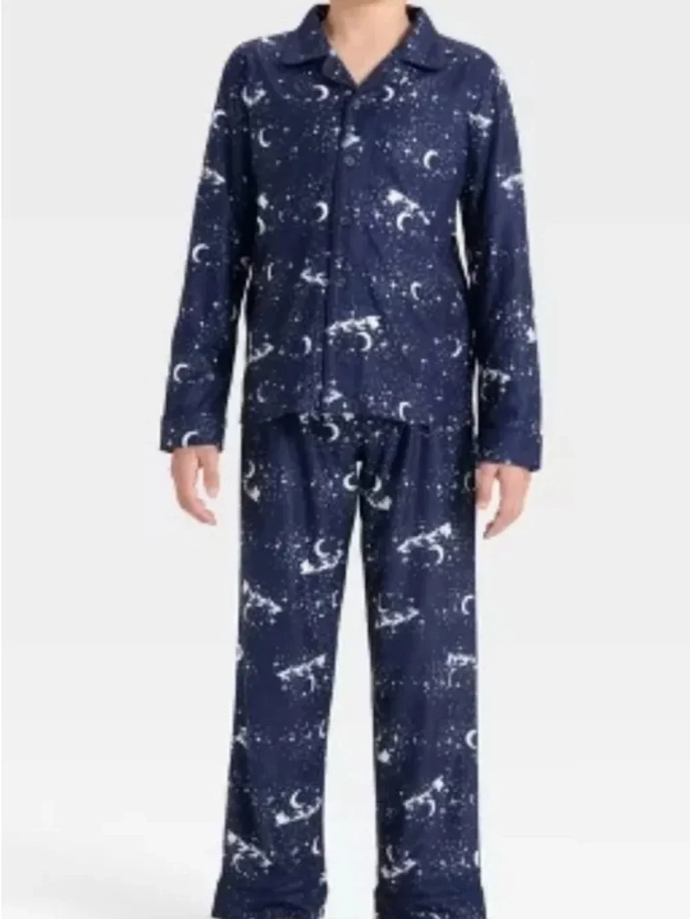 NWT Cat & Jack Blue Santa Sleigh Christmas Long Sleeve Flannel Pajama Set 10 12